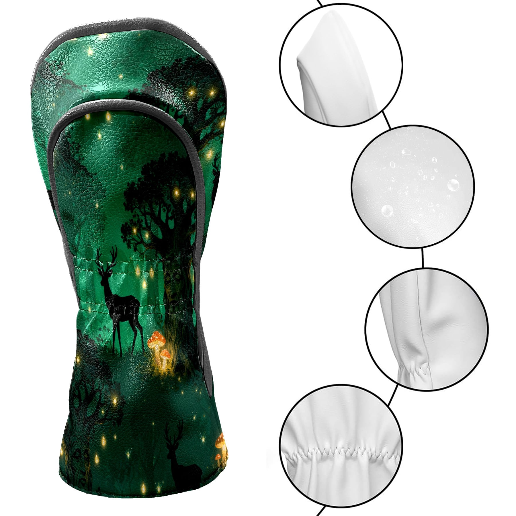 Golf Club Covers, Green DeerForest Premium PU Leather Driver Hybrid Putter Head Covers with Velvet Lining, Waterproof Golf Gifts for Men Women