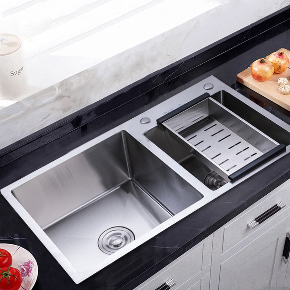 Stainless Steel Drop-in Kitchen Sink, Double Bowl Sink with Drain Basket for Laundry Rooms, Basement