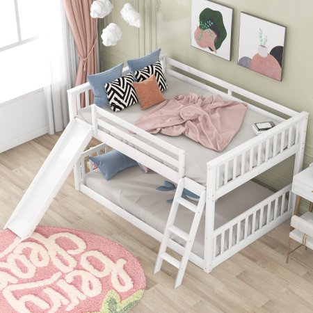 Full over Full Low Bunk Bed  Solid Wood Floor Bunkbed Frame with Convertible Slide and Inclined Ladder for Kids  Boys  Girls  Space Saving  White