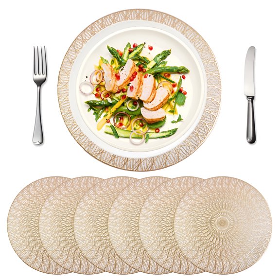 ACDANC Gold Placemats Set of 6 - Pvc Vinyl Place Mats- Heat Resistant Round Placemats- 14.9 Inch