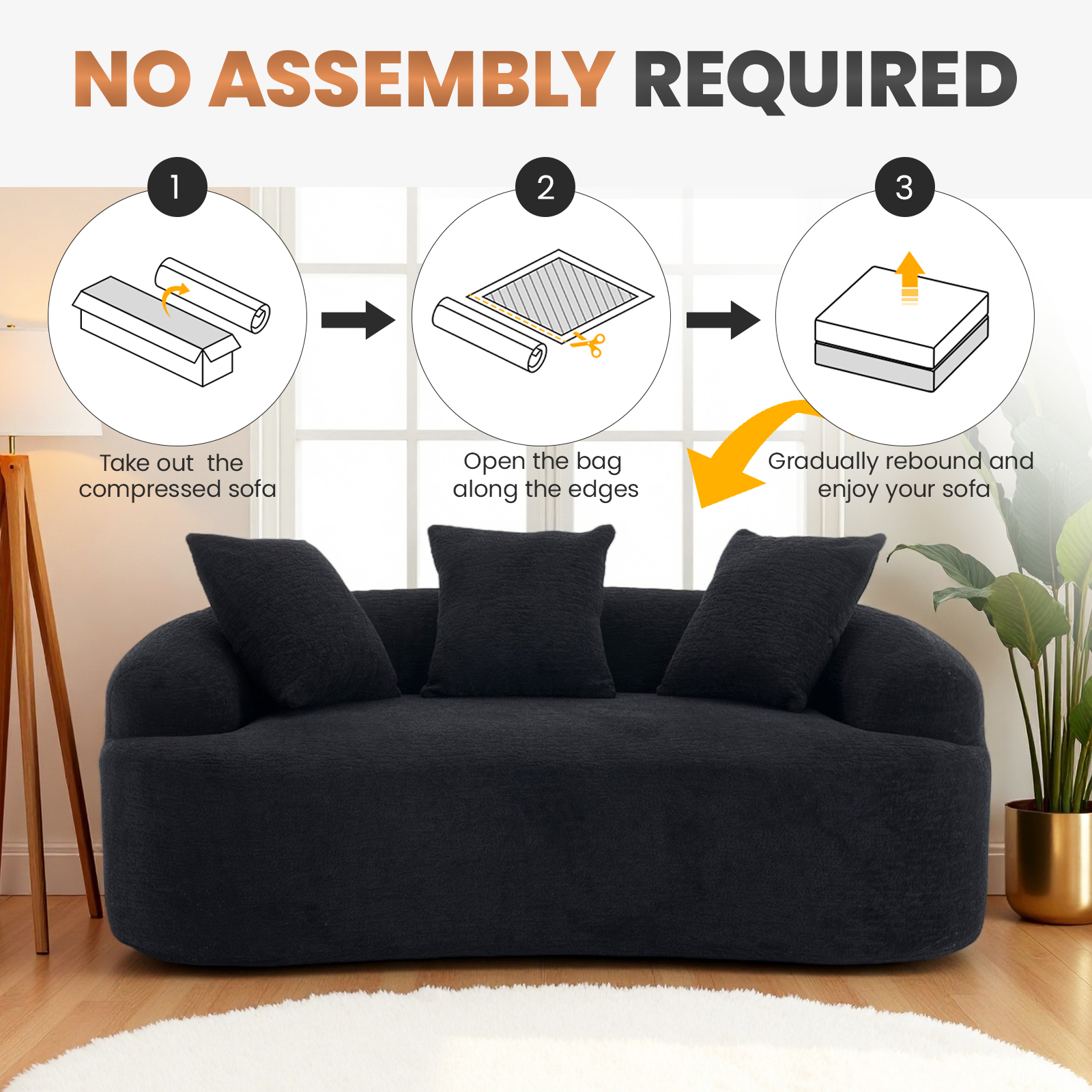 Loveseat Sofa, 65" Modern Minimalist Curved Loveseat Couch 2 Seat No Assembly Deep Seat Sofa with 3 Pillows for Living Room and Small Spaces, Black