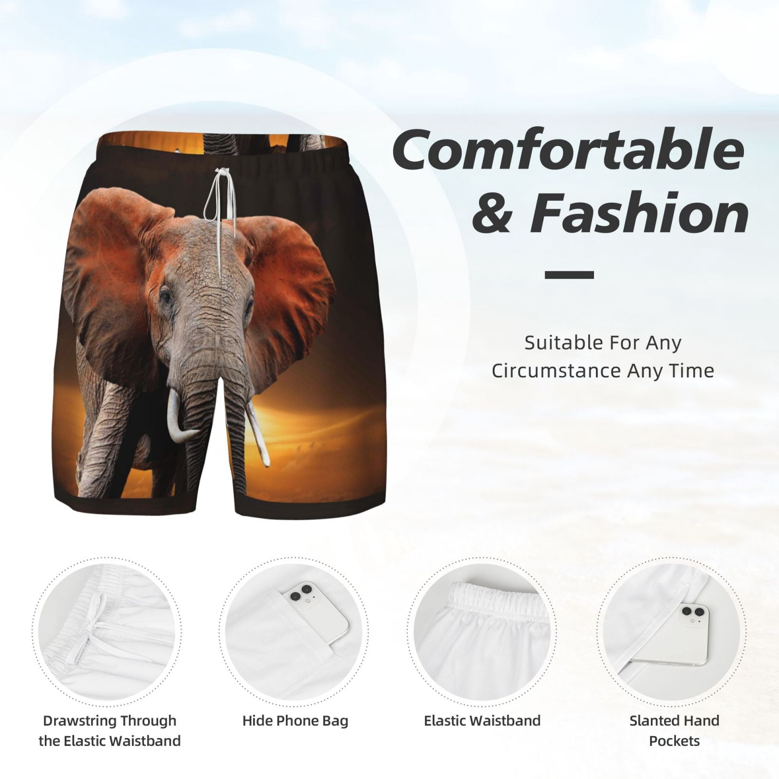 Gaeub Elephant Sunset in Kenya Mens Swim Trunks Stretch Beach