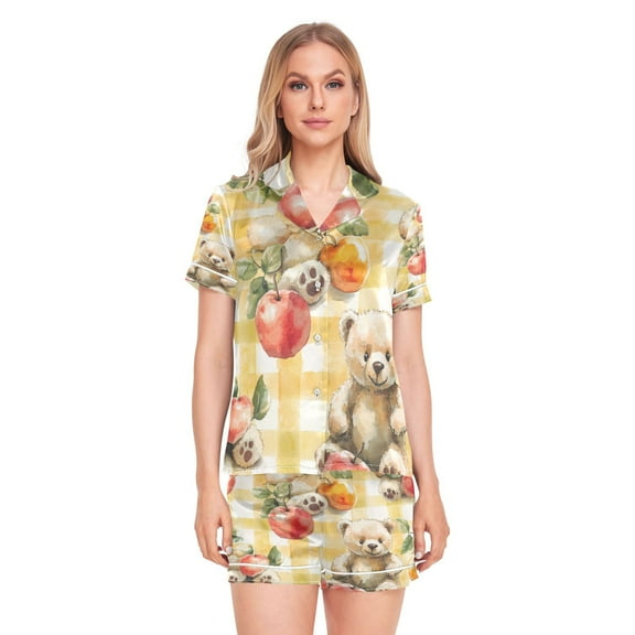 Women Silk Pajama Sets Causal Outings Fashion Teddy Bears with Orchard Delights Pattern Home