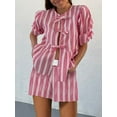 thumbnail image 6 of Yunliwuli Women Shorts Set, Striped Short Sleeve Tie-up T-shirt with Elastic Waist Shorts Summer Outfit, 6 of 9