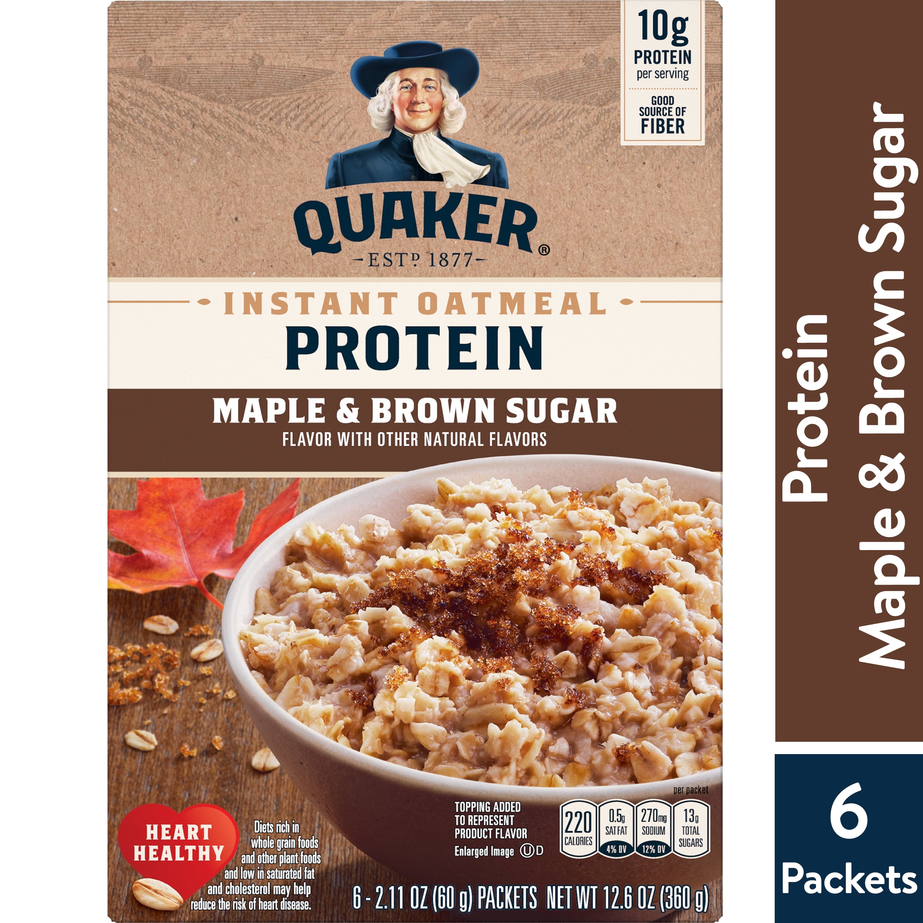 Quaker, Protein Instant Oatmeal, Maple & Brown Sugar, 2.11 oz, 6 Packets