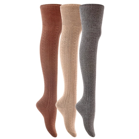 Lian LifeStyle Women's Big Girl's 3 Pairs Thigh High Cotton Socks. in Vibrant Unique Colors J1025 Size 6-9Coffee, Beige, Dark Grey