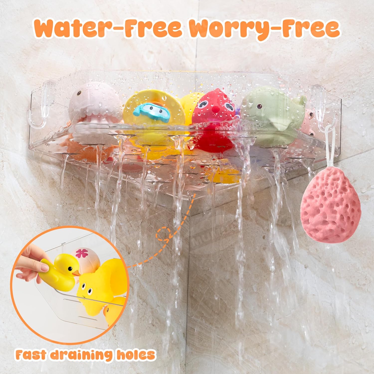 Bath Toy Storage Corner Adhesive Shower Caddy for Baby Bath Toys Bathtub Toy Storage Holder Organizer Large Capacity Acrylic Shower Shelves for Bathroom Babies Bathing Accessories Shelf, 2 Pack