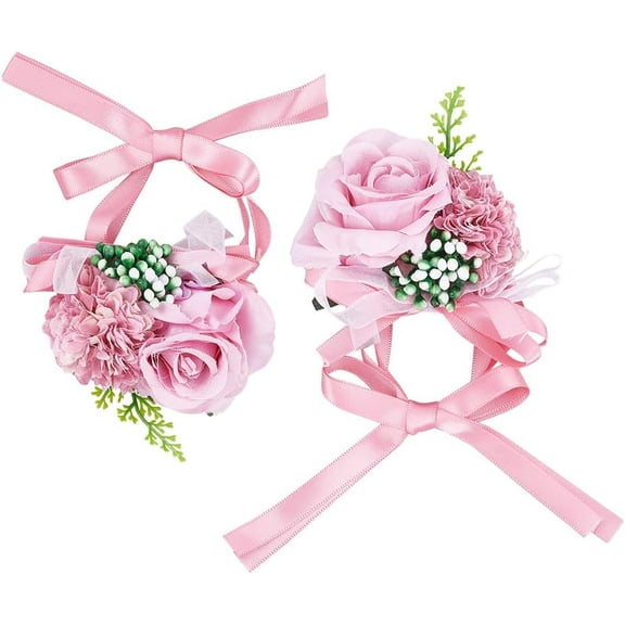 2PCS Silk Wrist Corsage with Plastic Imitation Flower for Wedding Party Decorations Hot Pink 350mm