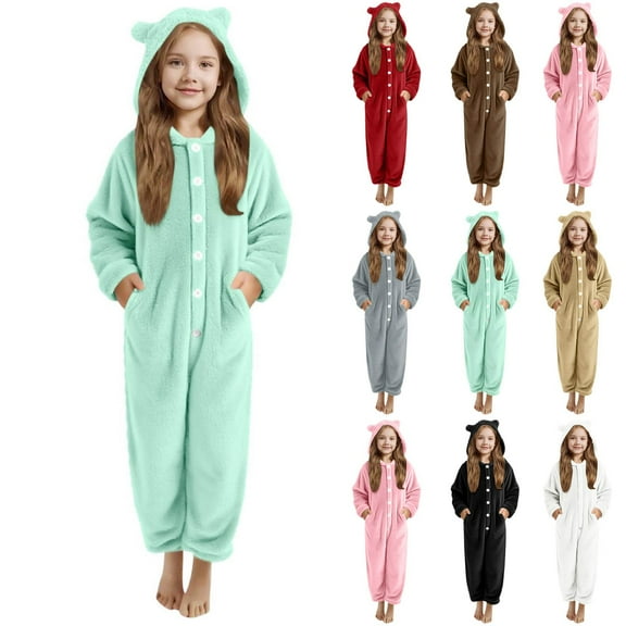 Agkizg Boys Girls Winter Fleece Romper Snowsuit,Plushs Long Sleeve Hooded Jumpsuit,Soft Warm Thickened Loungewear Kids Fleece Bodysuit,5-6 Years