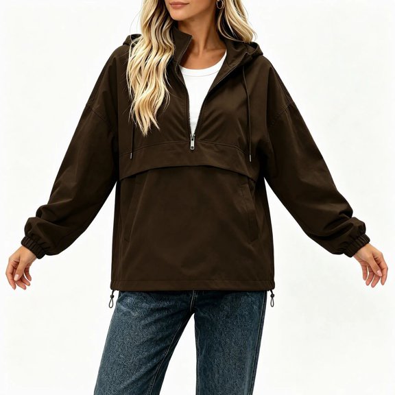 Women's Hooded Half-Zip Wind Jacket Ghalytn Drawstring Hem Loose Casual Pullover Outerwear with Pockets