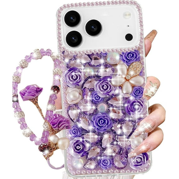 for iPhone 17 Pro Max Glitter Bling Case,Cute Luxury 3D Sparkle Crystal Rhinestone Flowers Diamond Pearl Gems with Lanyard Wrist Strap Women Girls Phone Case for iPhone 17 Pro Max 6.9",Purple