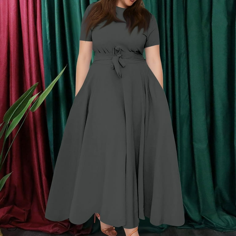 gzyishu Women's Plus Size Casual Fashion Solid Color Round Neck Short Sleeve Pocket Tie-Waist Swing Dress - Dark Gray 5XL