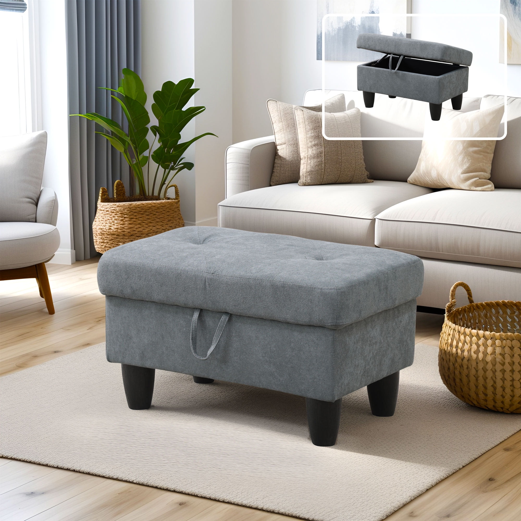 Gewnee 28.5" Storage Ottoman Bench Flannelette Upholstered for Living Room Bedroom Entryway Light Gray