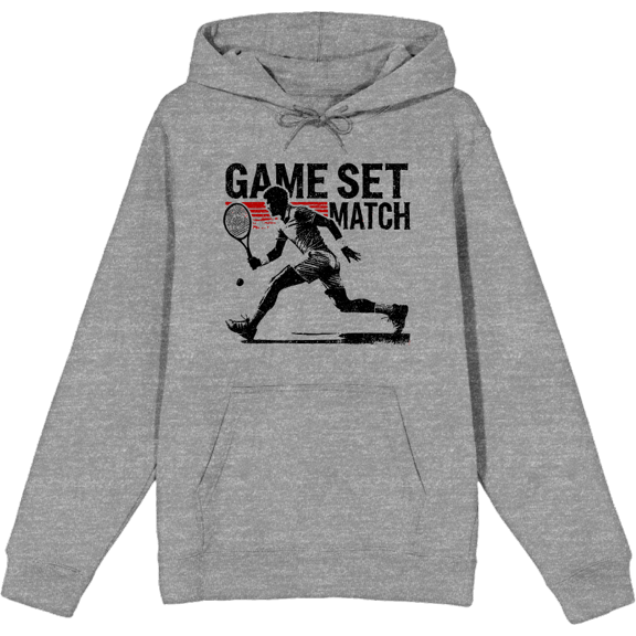 "Game Set Match" Tennis Sports Adult Heather Gray Long Sleeve Hoodie-Medium