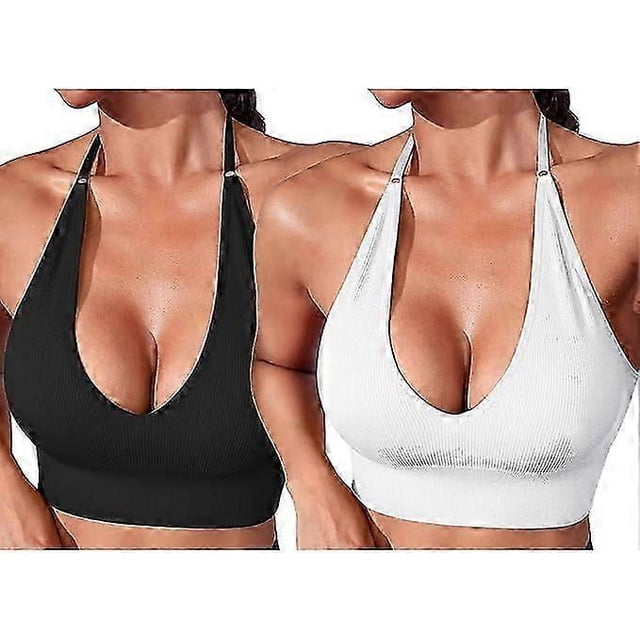 2pcs Women's Halterneck Sports Bra Backless Deep V Cut Sports Bustier Padded Sexy Gym Push Up Without Underwire Bra Crop Top Backless Adjustable Strap