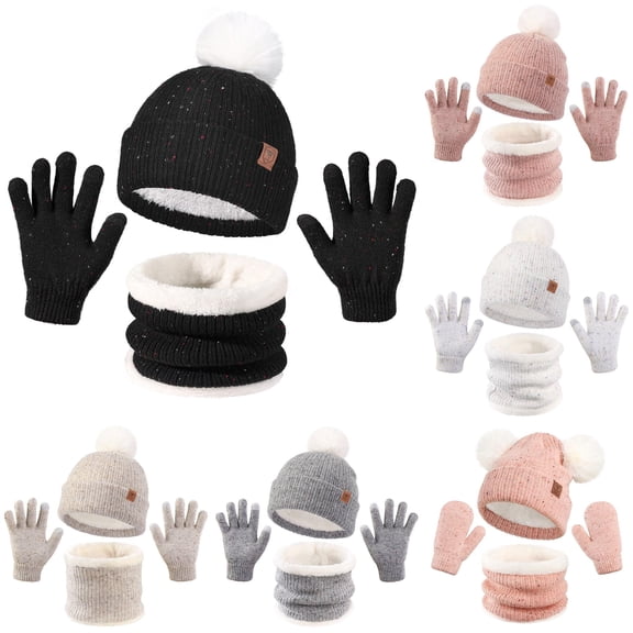 Oiyii Toddler Girl's Fleece‑Lined Pom‑Pom Beanie Solid Fall Winter Gloves, Black