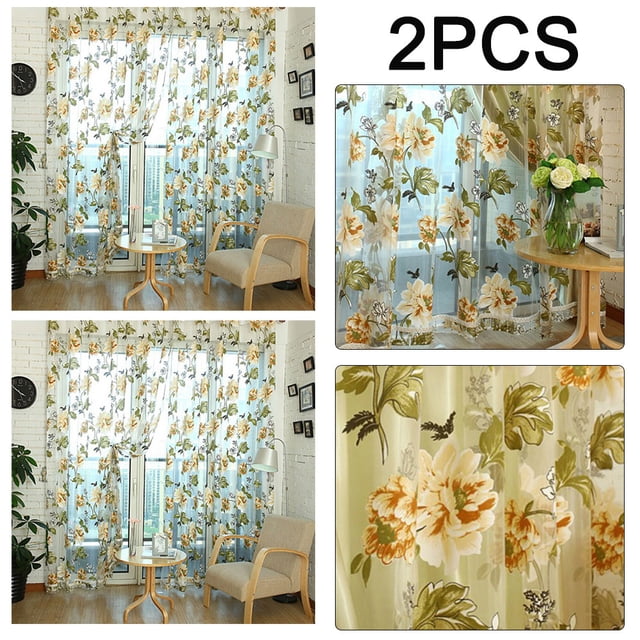 2 Uds Cortina Ventana Cenefas Gasa Con Patrón Transparente Flores (100x200cm) Amarillo