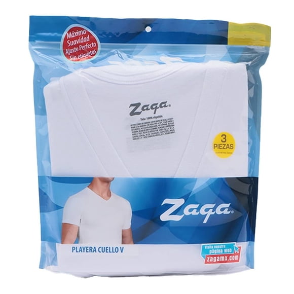 Playera Interior Zaga para Hombre, Cuello V 3 Piezas Blanco Talla CH
