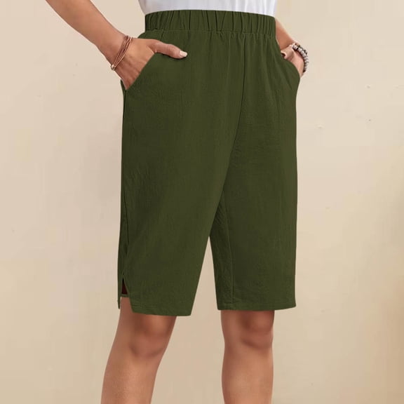 Oiangi Womens Long Shorts Elastic Waist Bermuda Shorts Casual Straight Leg Knee Shorts with Pockets Army Green L