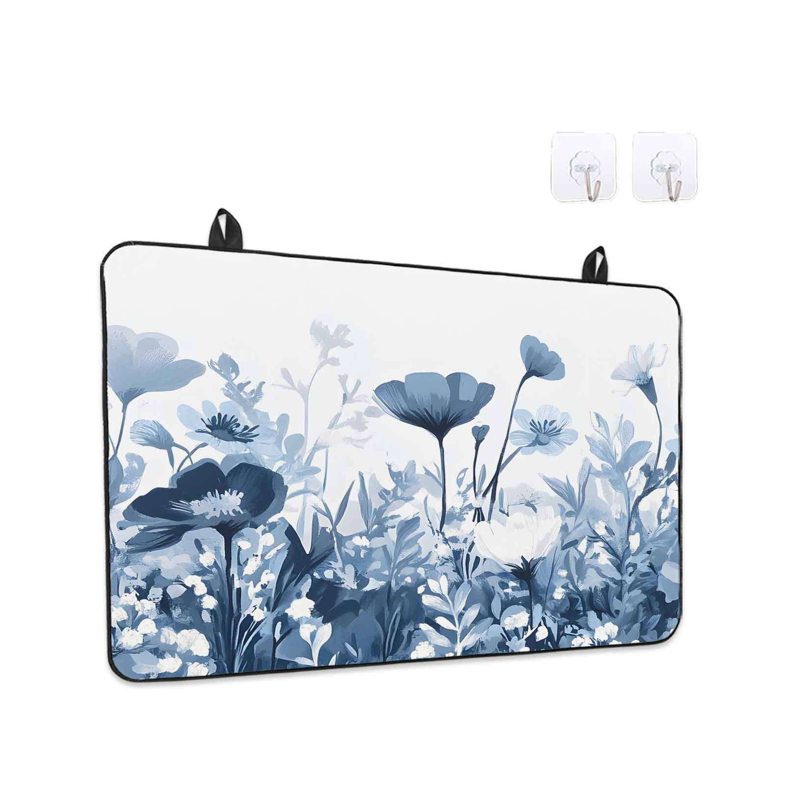 Navy Blue Flowers Stove Top Cover for Electric Stove, Heat-proof & Non Slip Glass Top Stove Cover Protector, Summer Pastoral Botanical Kitchen Flat Cooktop Rubber Mat 24x21 Inches