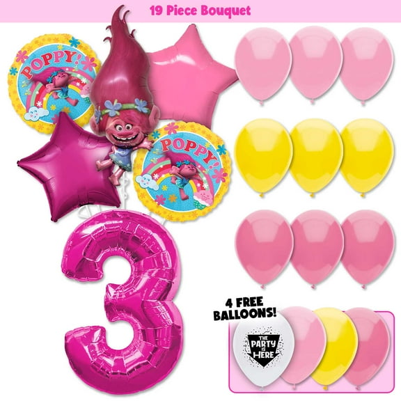 19pc Trolls Poppy Balloon Kit with 42" Hot Pink Number 3 Balloon - Troll Birthday Party for Her Decoration Supplies