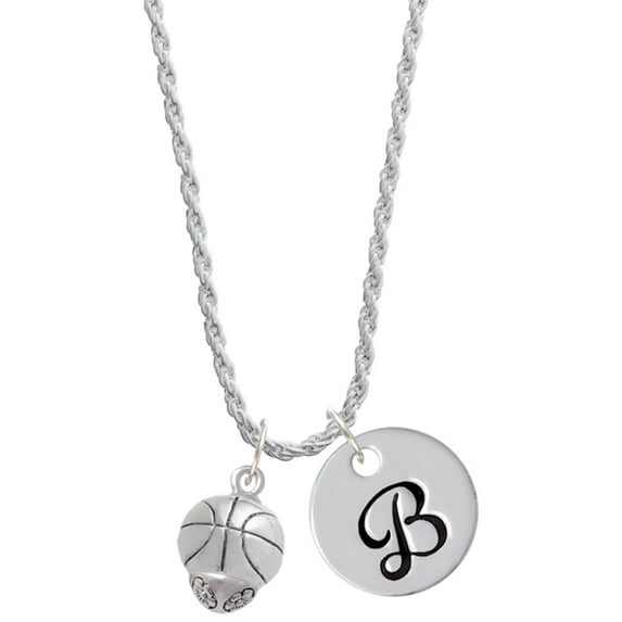 Delight Jewelry Silvertone Antiqued Basketball Spinner Silvertone Script Initial Disc - B - Charm Necklace, 20"+3"
