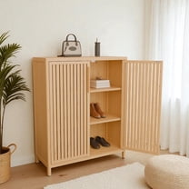 GZXS 38.1"H Freestanding Bamboo Cabinet with 2 Slatted Doors and Adjustable Interior Shelves for Bathroom, Entryway, Bedroom (Natural)