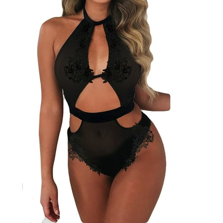 

BIZIZA Babydoll for Women Solid Color Bodysuit Teddy Lace One Piece Deep V Neck Hollow Out Sexy Lingerie
