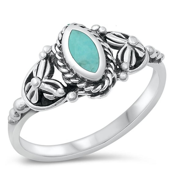 CHOOSE YOUR COLOR Bali Simulated Turquoise Flower Ring .925 Sterling Silver Band Blue CZ Female Size 9