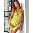 thumbnail image 5 of Jaimenalin Women Halter V Neck Mini Dress Flowy Irregular Ruffle Hem Backless Summer Dress Ruched Dresses Fluorescent Yellow XS, 5 of 9