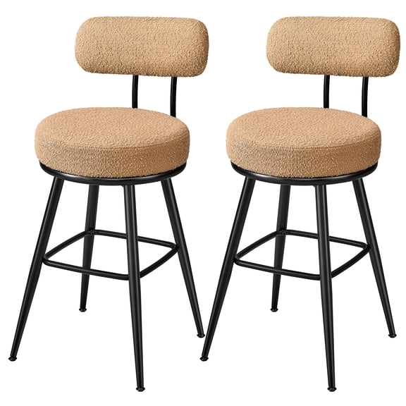 Set of 2 Modern Swivel Bar Stools with Boucle Fabric, 360° Rotation and Wide Seat, 25.4" Counter Height Stools with Backrest, Camel Brown