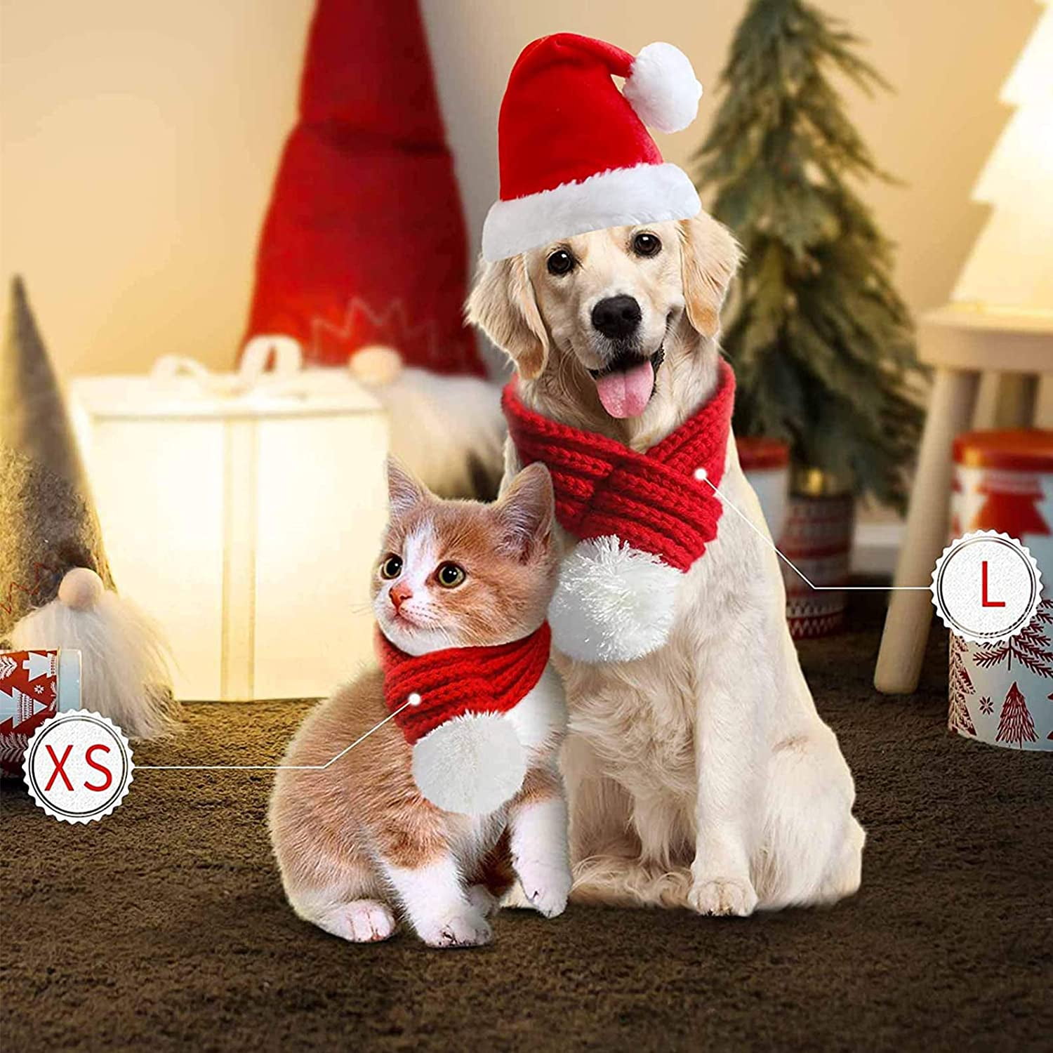 Christmas Dog Santa Hat with Scarf Adjustable Santa Hat for Dog and Xmas Pet Knit Red Scarf with White Pompom Ball Dog Winter Neck Warmer Scarf