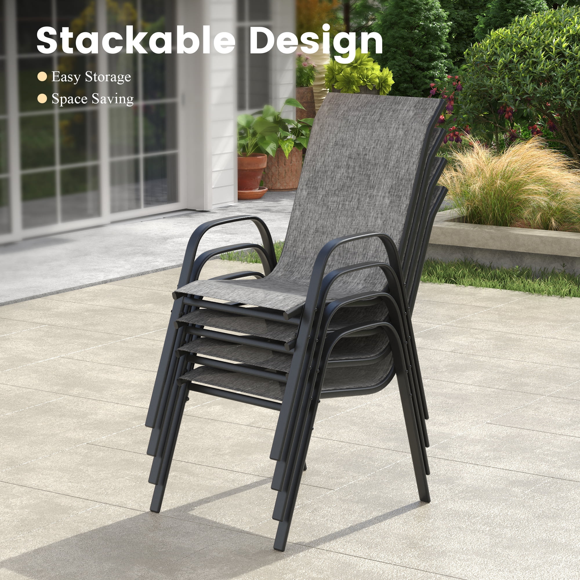 Vicllax Stackable Patio Dining Chairs Set of 6 , Modern Textilene Outdoor Chairs with Metal Frame for Garden, Backyard, Poolside, Gray