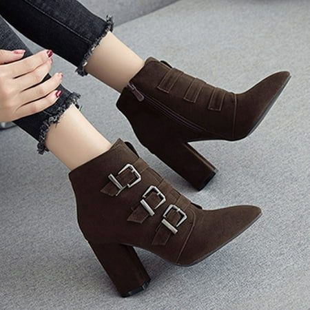 

Women Boots High Heel Shoes Winter Warm Zip Pointed Toe Casual Solid Color Belt Buckle Ankle Boots