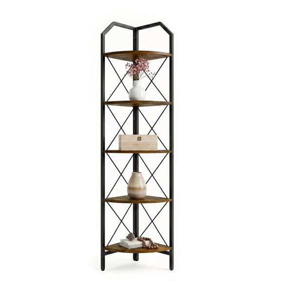 DQQKMM 5 Tier Corner Shelf, Corner Bookshelf for Living Room, Open Corner Shelves for Organization and Storage, Rustic Brown