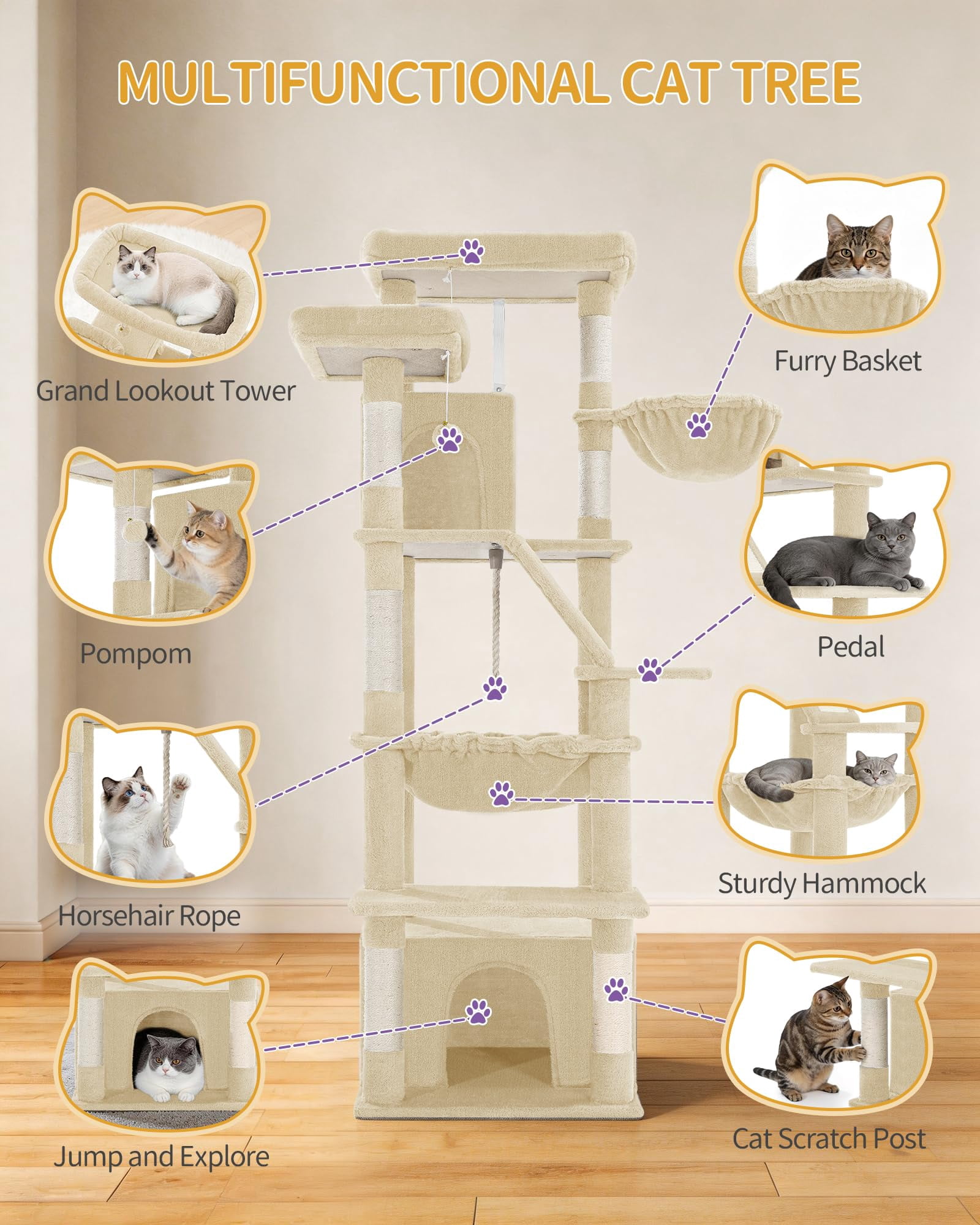 Cat Tree, 72 Inch Tall Beige Indoor Tower for Multiple Cats with Climbing, Condo, Scratching Posts