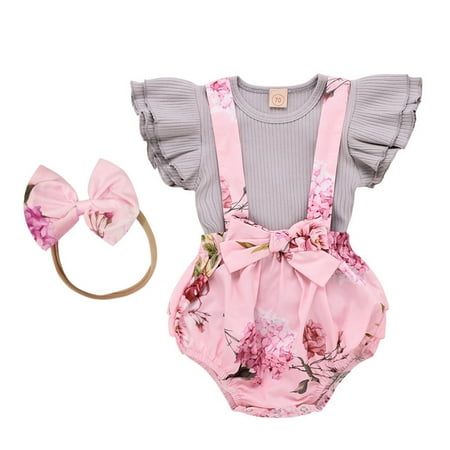 

Fesfesfes Newborn Infant Baby Girls Solid Ribbed Tops+Floral Ruffled Bow Suspender Shorts