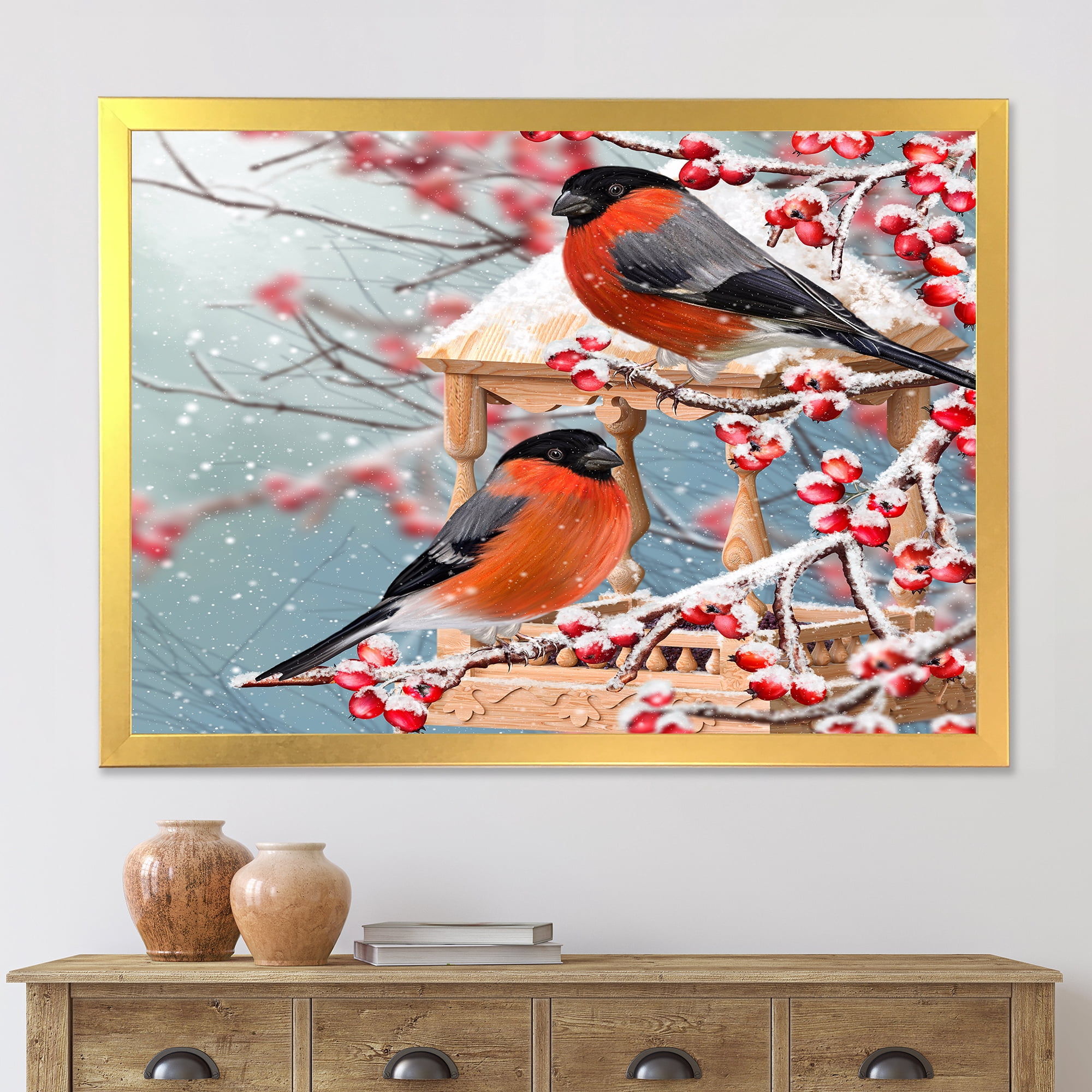 Designart 'Two Tits Sit On A Snow-Covered Berries Branch ' Traditional Framed Art Print
