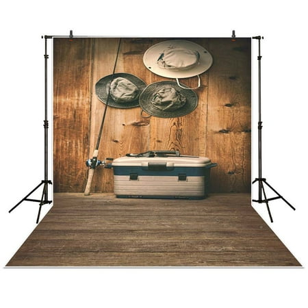 GreenDecor Polyester Fabric 5x7ft photography backdrop retro Fishing gear Hat Box Wood brown baby shower children background photo studio