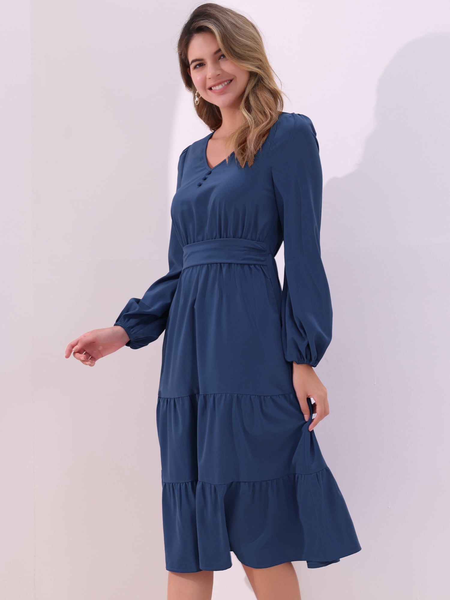 DARING DIVA V Neck Long Sleeve Ruffle Flowy Midi Dress L Dark Blue