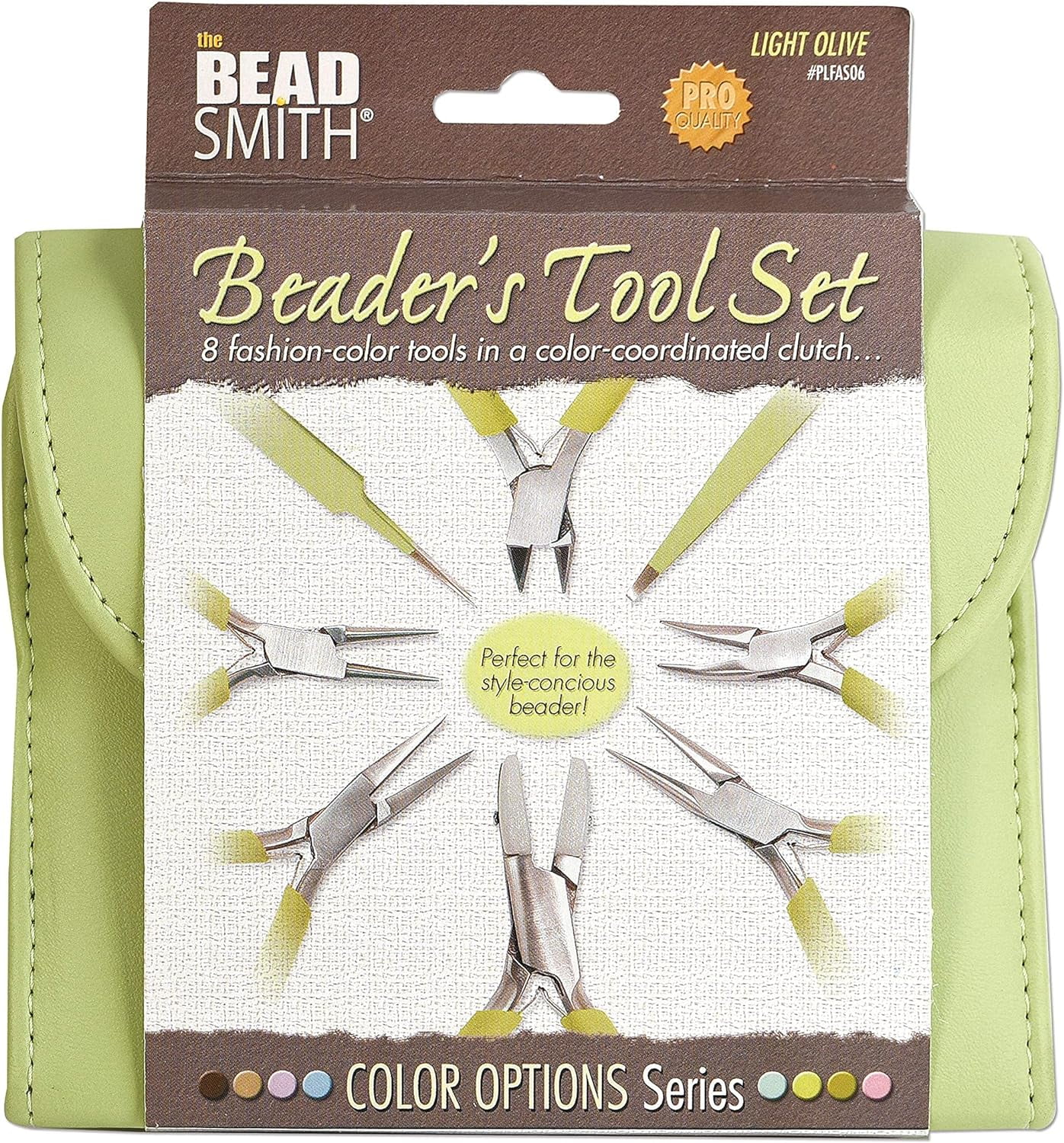 The Beadsmith Fashion Color Pliers - Set of 8 Slimline Color-Coordinated Tools – Matching Clutch in Light Olive – Jewelry Making Supply Kit to Create Necklaces, Bracelets, Earrings & More