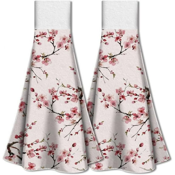 2Pcs Cherry Blossom Hand Towels with Hanging Loop Flowers Hanging Towel for Kitchen Bathroom Soft Microfiber Absorbent Hand Tie Towels Thick Tea Towel Dishcloth for Washroom Home Women Gift
