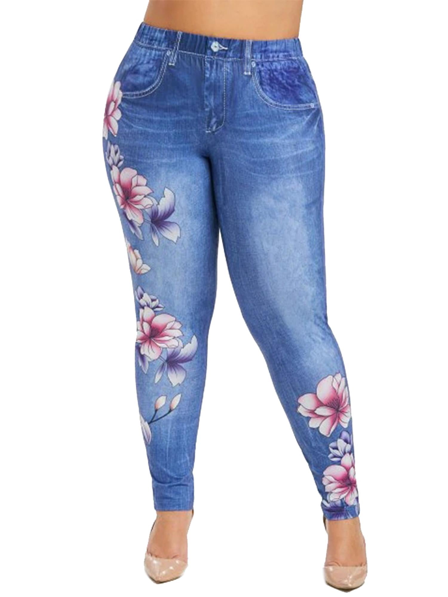 DYMADE Plus Size Casual Skinny Floral Print Leggings Faux Denim ...