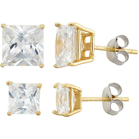 White CZ Square 6mm and 8mm 18kt Gold over Sterling Silver Stud