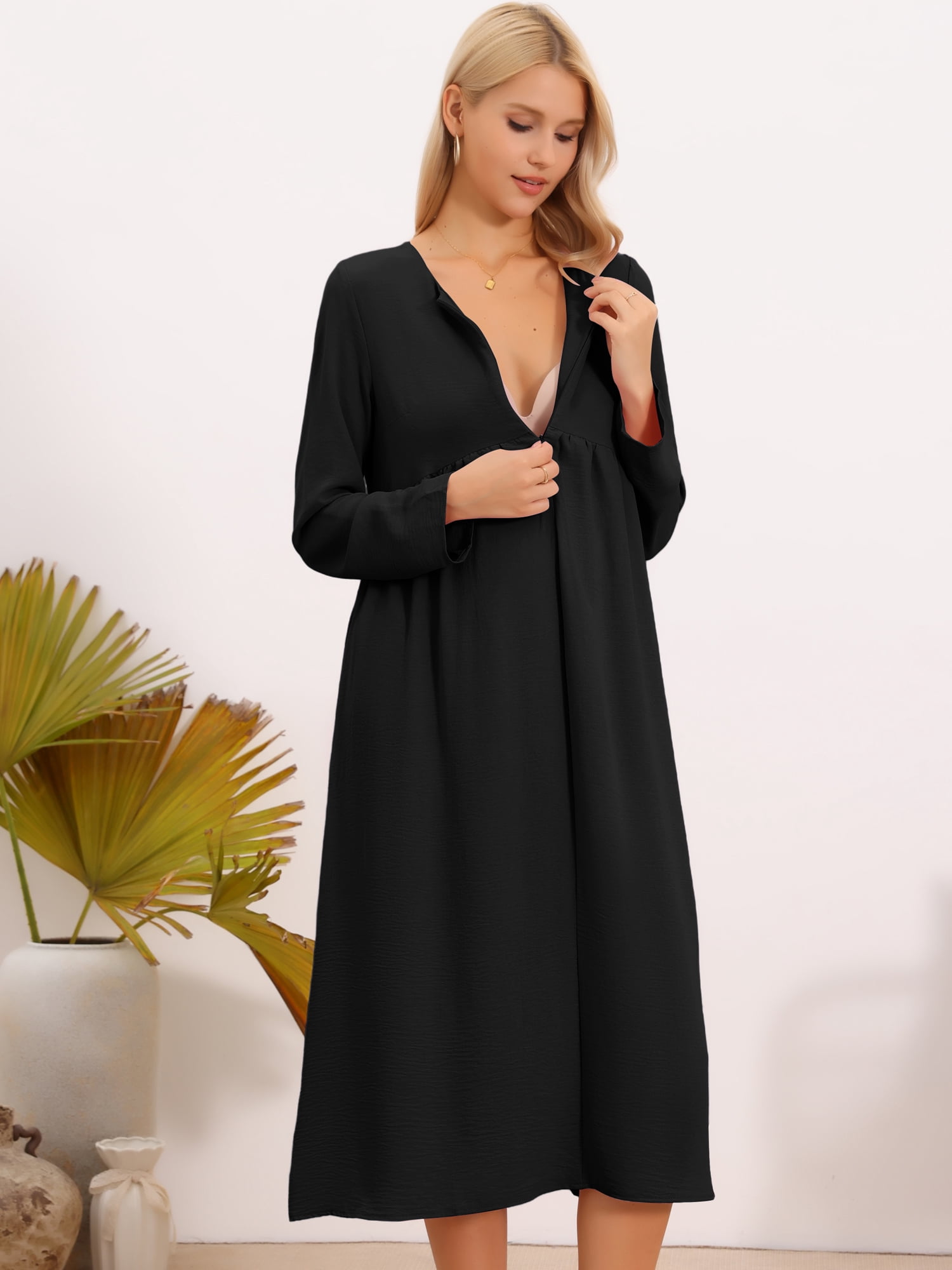 DARING DIVA Women's Maternity Nursing Dress Long Sleeve Midi Round Neck Pleated S Black