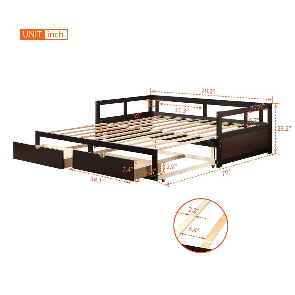 Hassch Wooden Daybed with Trundle Bed and Two Storage Drawers, Extendable Bed Daybed, Sofa Bed for Bedroom Living Room - image 4 of 9