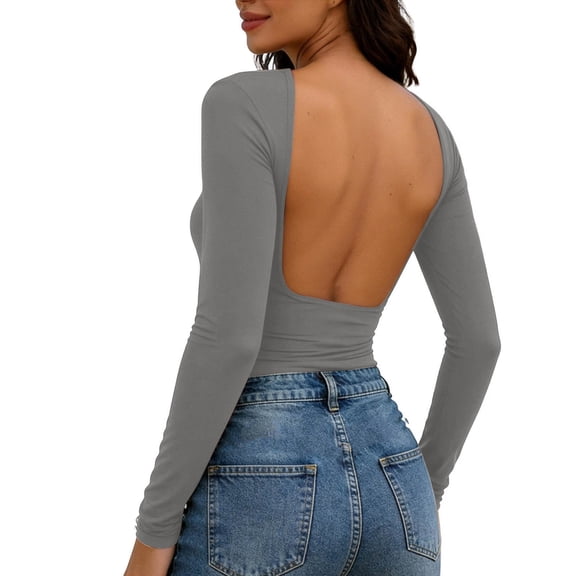 QINGFSAP Womens Backless Long Sleeve Top Versatile Going Out Double Sided Basic Tee