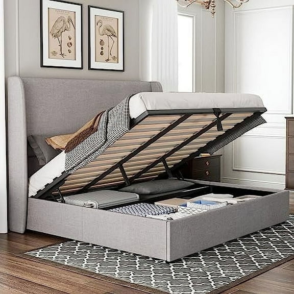 PLAUIN King Bed Frame with Lift up Storage,Linen Platform Bed Frame,No Box Spring,Light Grey