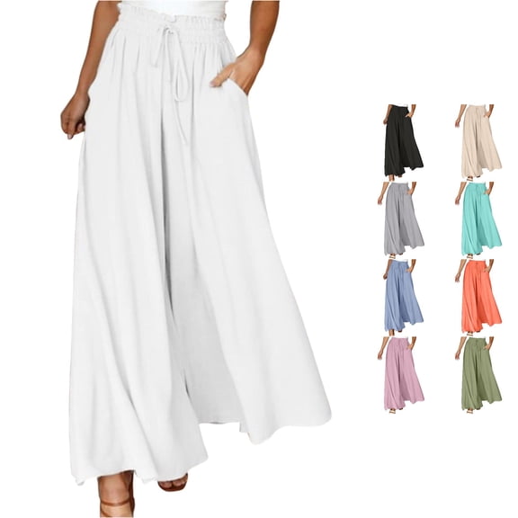 DHFJKG Women Wide Leg Pants Casual Drawstring High Waisted Flowy Palazzo Breathable Cool Summer Beach Vacation Clothes Comfy Trousers