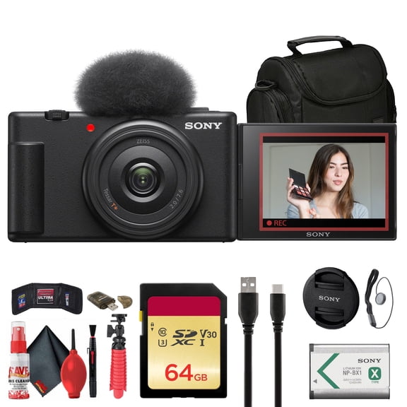Sony ZV-1F Vlogging Camera (Black) (ZV1F/B)   Case   64GB Card   Flex Tripod and More(International Model)